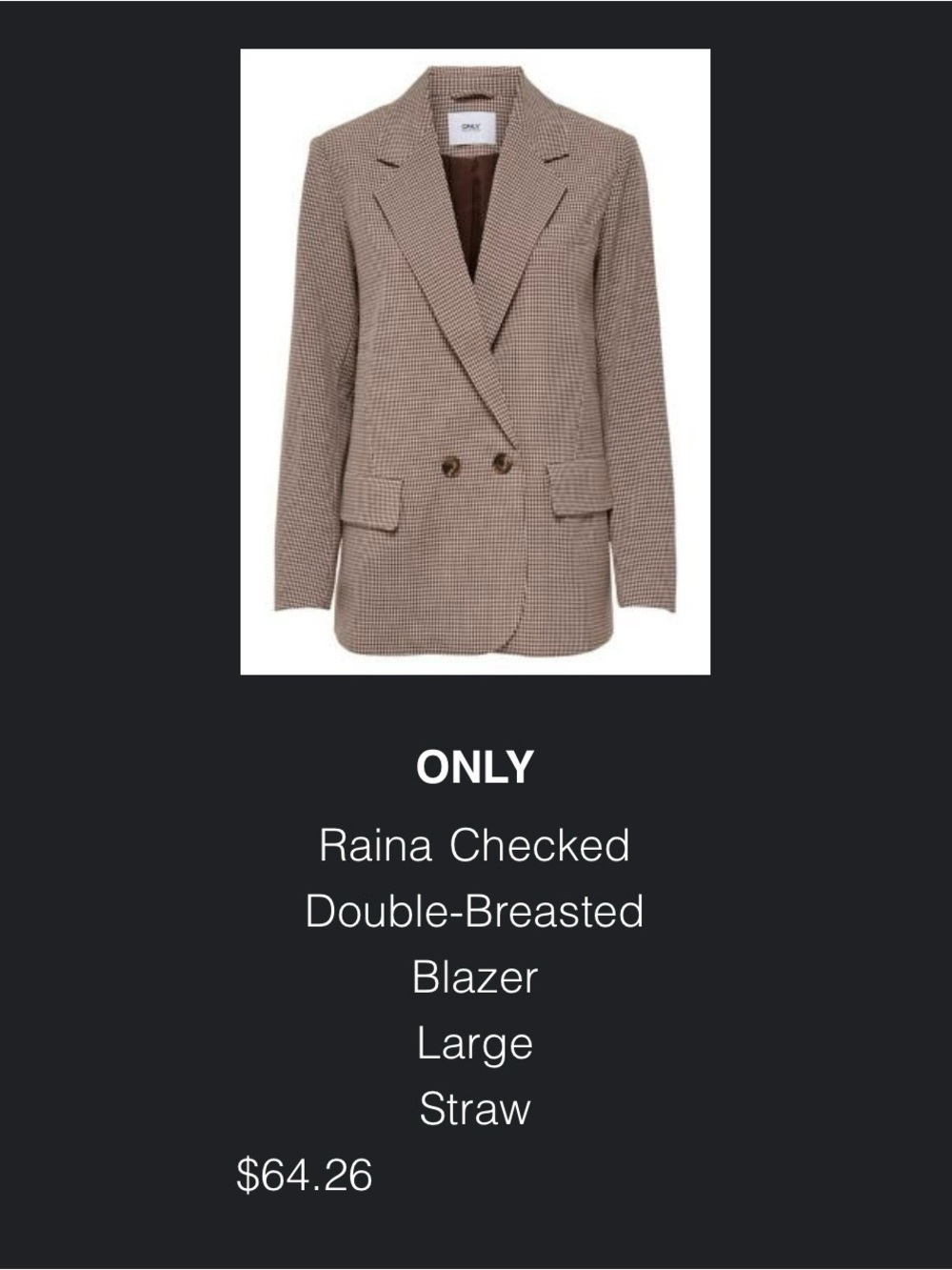 ONLY Double-Breasted Checked Blazer in Straw